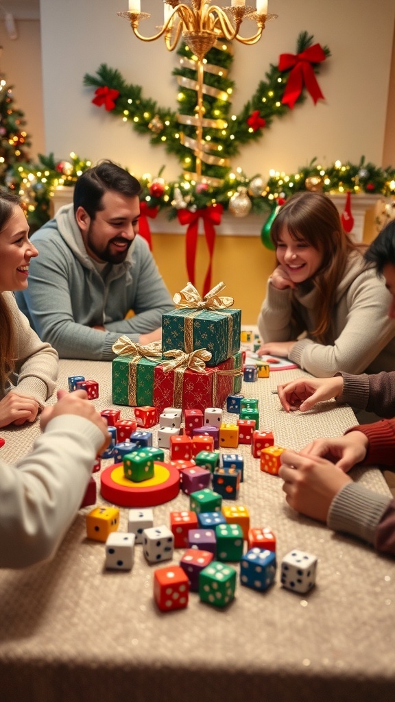 Fun Christmas Dice Game Recipe Players enjoying a Christmas dice game with colorful dice and wrapped gifts on a festive table.